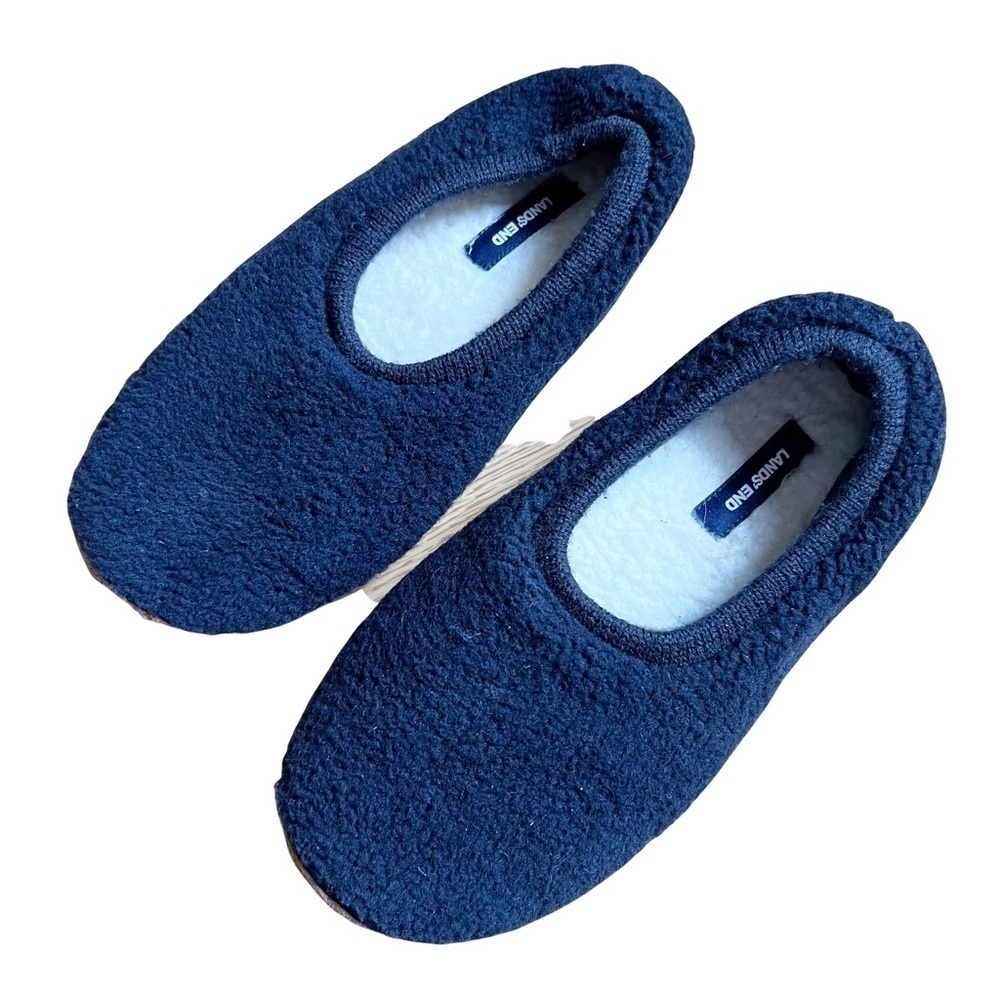 Lands End Navy Blue and Tan Women's Sherpa Fleece Ballet House Slippers Size 11